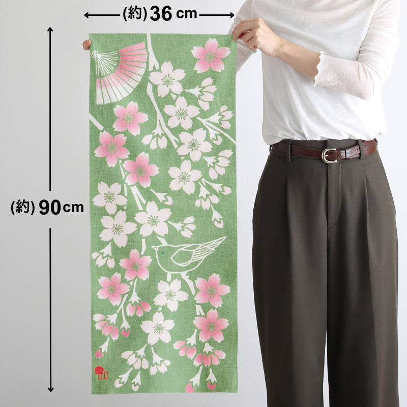 手ぬぐい タペストリ しだれ桜 伝統工芸 四季の雅オリジナル 春の花~桜鴬に扇